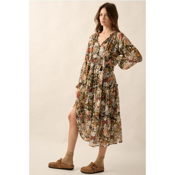 Promesa Black Size Large Floral V-Neck Chiffon Midi Dress - Picture 4 of 9